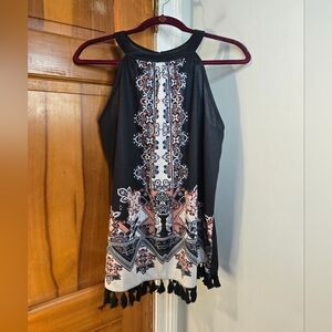VENUS Black Halter Top with Bohemian Floral And Tassels Sz M